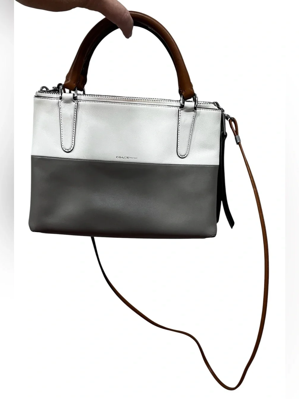 Coach Small Colorblock Leather Crossbody Satchel Gray White Tan Triple Zip Bag
